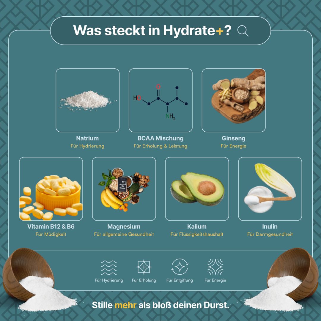 In Hydrate+ steckt Natrium, BCAA, Ginseng, Vitamin B12 und B6, Magnesium, Kalium und Inulin