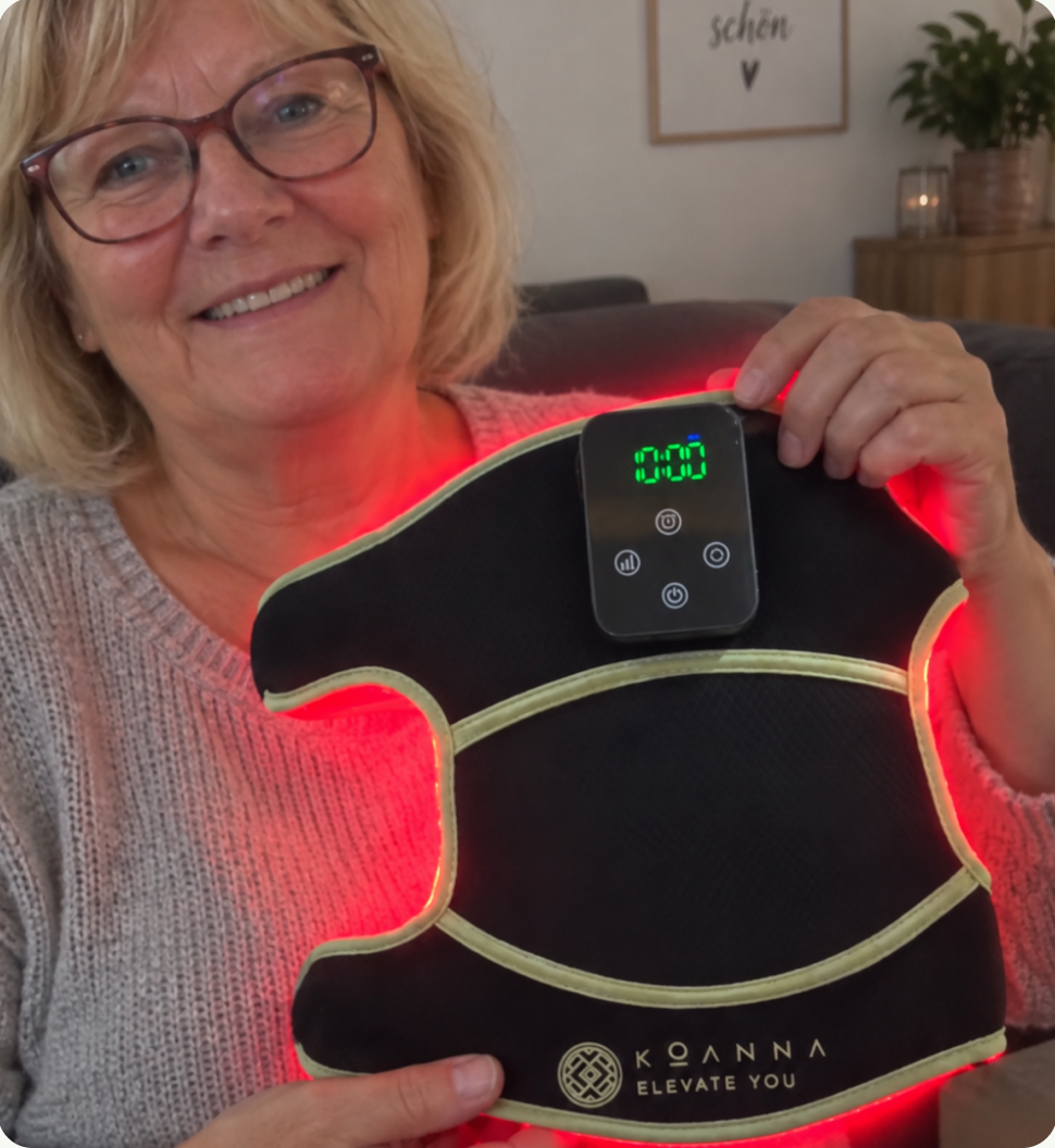 Frau hält die leuchtende Koanna Rotlicht-Bandage