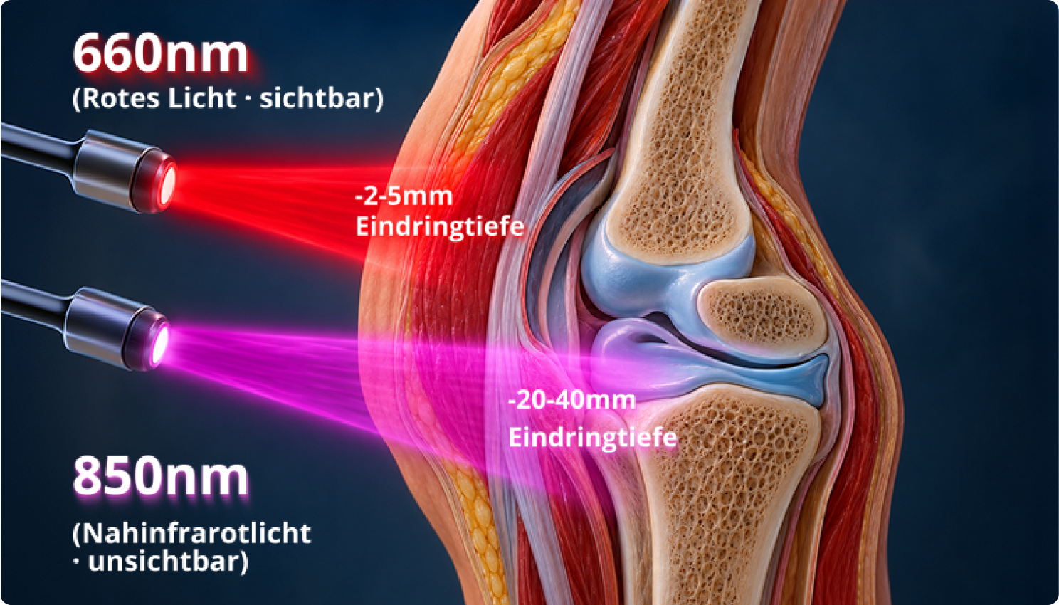 660 nm rotes Licht und 850 nm nahinfrarotes Licht dringen unterschiedlich tief ins Knie ein