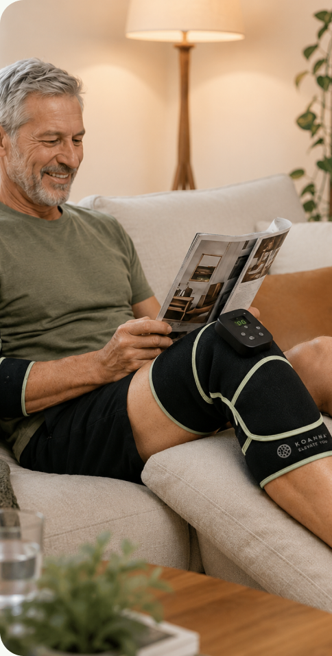 Mann entspannt mit Koanna Bandage auf der Couch