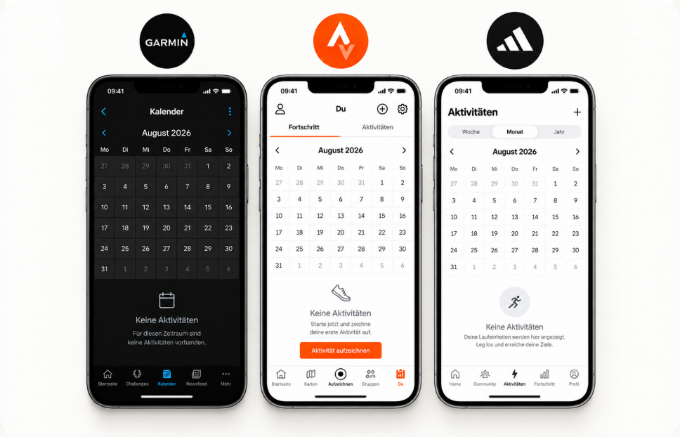 Leere Trainings-Apps auf drei Smartphones