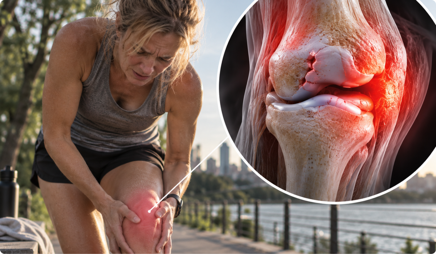 Läuferin greift sich ans schmerzende Knie, daneben Anatomie eines entzündeten Kniegelenks