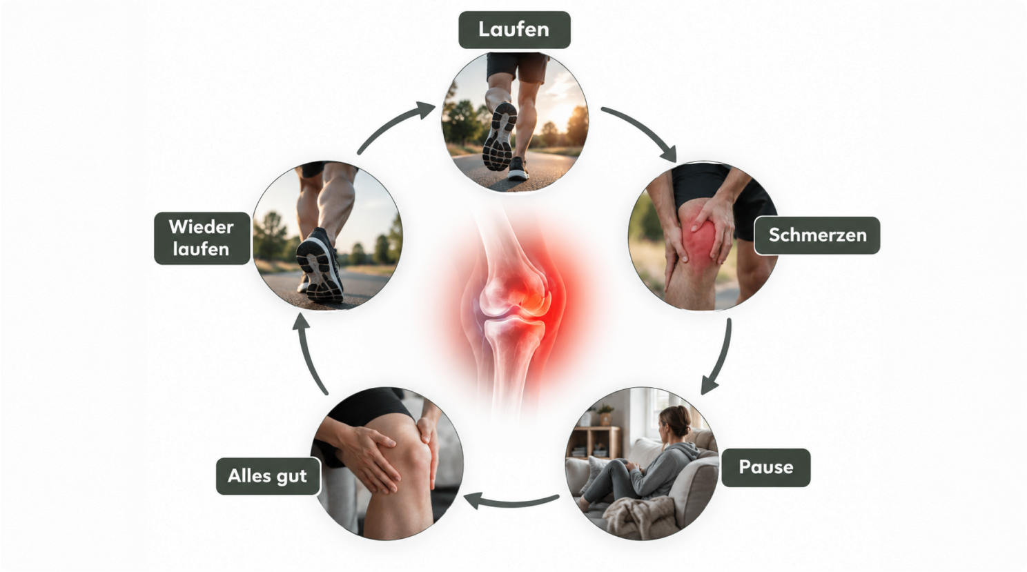 Kreislauf-Diagramm: Laufen, Schmerzen, Pause, Alles gut, Wieder laufen