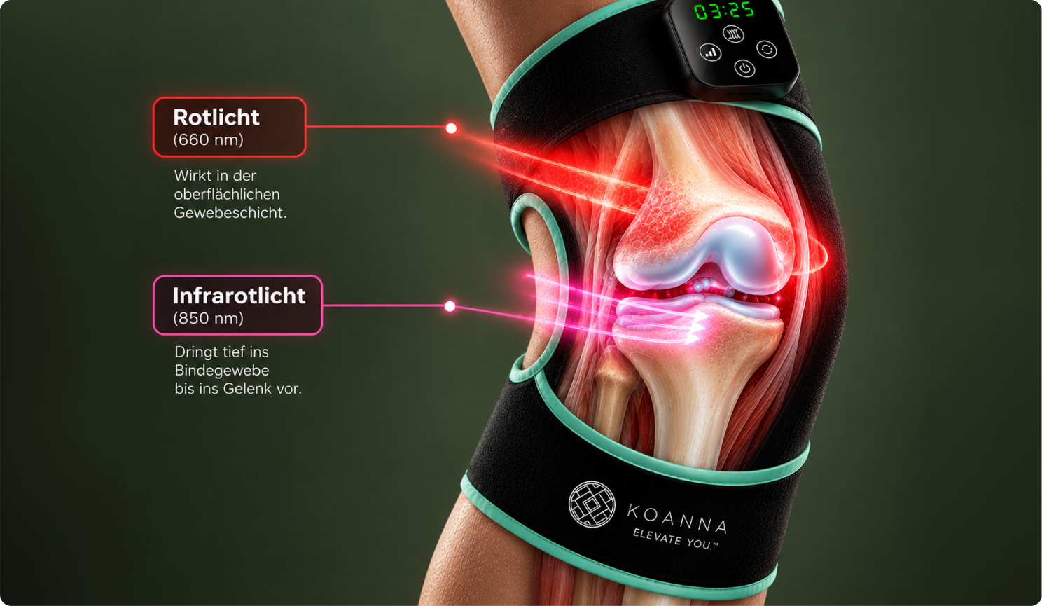 Koanna Bandage am Knie: 660 nm Rotlicht wirkt oberflächlich, 850 nm Infrarotlicht dringt tief ins Bindegewebe